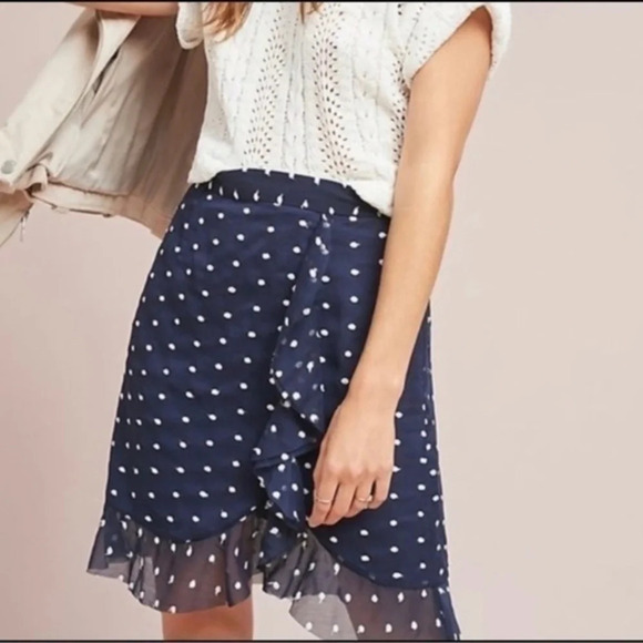 Hutch | Anthropologie Navy & White Polka Dot Ruffle Skirt Size 2 XS Pinup Retro - Picture 1 of 7